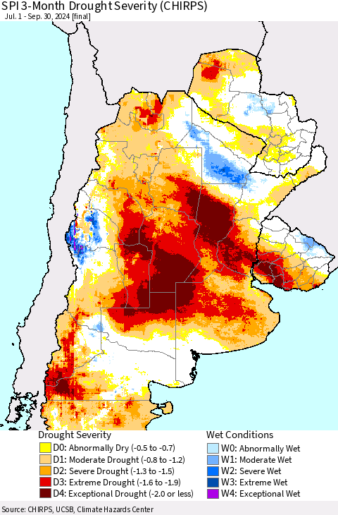 Southern South America SPI 3-Month Drought Severity (CHIRPS) Thematic Map For 7/1/2024 - 9/30/2024