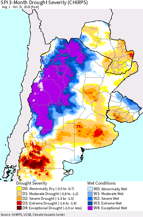 Southern South America SPI 3-Month Drought Severity (CHIRPS) Thematic Map For 8/1/2024 - 10/31/2024