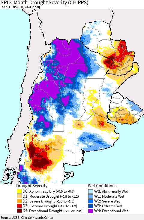 Southern South America SPI 3-Month Drought Severity (CHIRPS) Thematic Map For 9/1/2024 - 11/30/2024