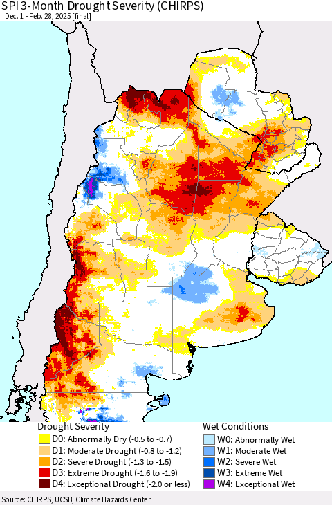 Southern South America SPI 3-Month Drought Severity (CHIRPS) Thematic Map For 12/1/2024 - 2/28/2025