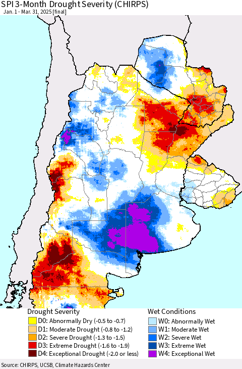 Southern South America SPI 3-Month Drought Severity (CHIRPS) Thematic Map For 1/1/2025 - 3/31/2025