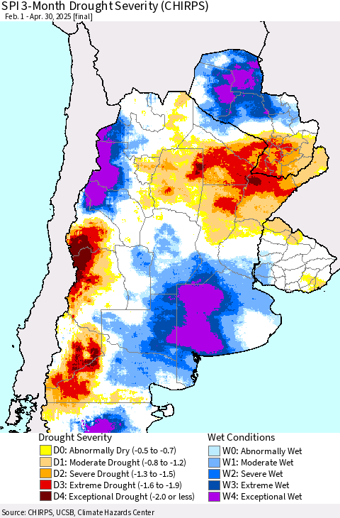 Southern South America SPI 3-Month Drought Severity (CHIRPS) Thematic Map For 2/1/2025 - 4/30/2025