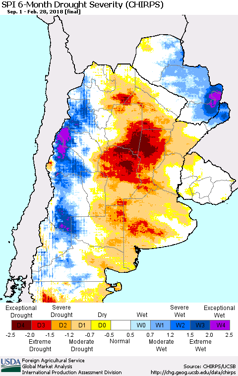 Southern South America SPI 6-Month Drought Severity (CHIRPS) Thematic Map For 9/1/2017 - 2/28/2018