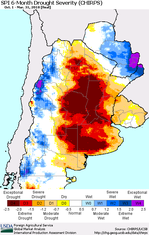 Southern South America SPI 6-Month Drought Severity (CHIRPS) Thematic Map For 10/1/2017 - 3/31/2018