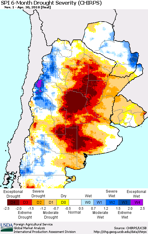 Southern South America SPI 6-Month Drought Severity (CHIRPS) Thematic Map For 11/1/2017 - 4/30/2018