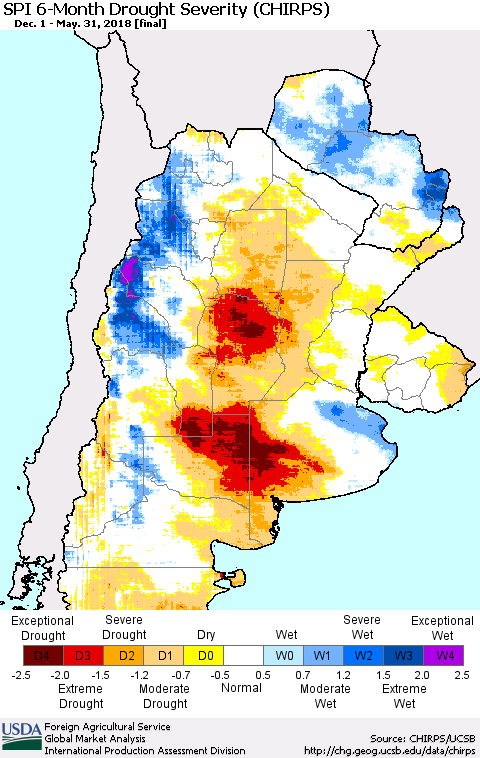 Southern South America SPI 6-Month Drought Severity (CHIRPS) Thematic Map For 12/1/2017 - 5/31/2018