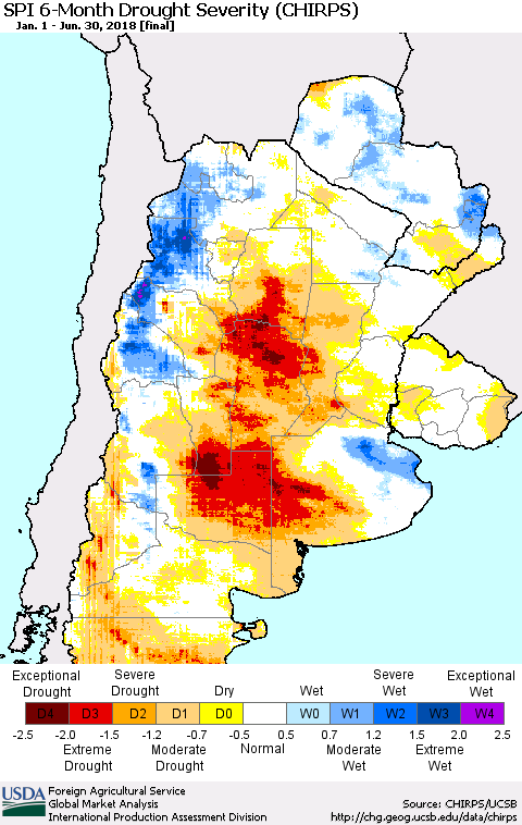 Southern South America SPI 6-Month Drought Severity (CHIRPS) Thematic Map For 1/1/2018 - 6/30/2018