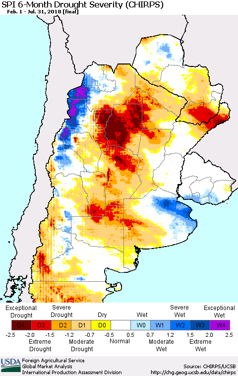 Southern South America SPI 6-Month Drought Severity (CHIRPS) Thematic Map For 2/1/2018 - 7/31/2018