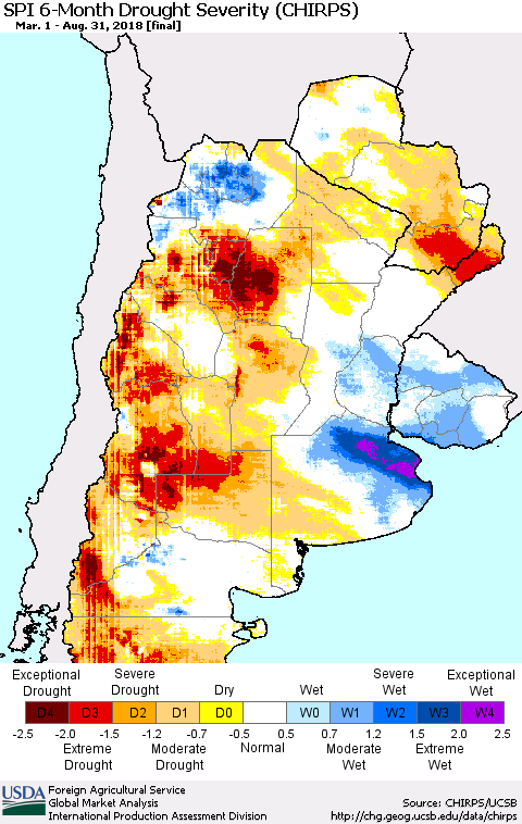 Southern South America SPI 6-Month Drought Severity (CHIRPS) Thematic Map For 3/1/2018 - 8/31/2018