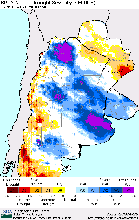 Southern South America SPI 6-Month Drought Severity (CHIRPS) Thematic Map For 4/1/2018 - 9/30/2018