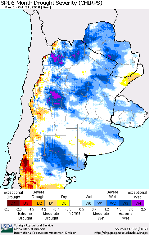 Southern South America SPI 6-Month Drought Severity (CHIRPS) Thematic Map For 5/1/2018 - 10/31/2018
