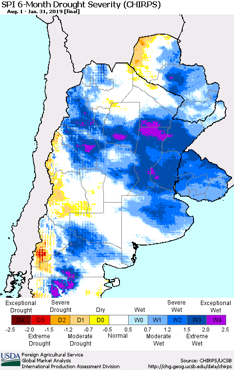 Southern South America SPI 6-Month Drought Severity (CHIRPS) Thematic Map For 8/1/2018 - 1/31/2019