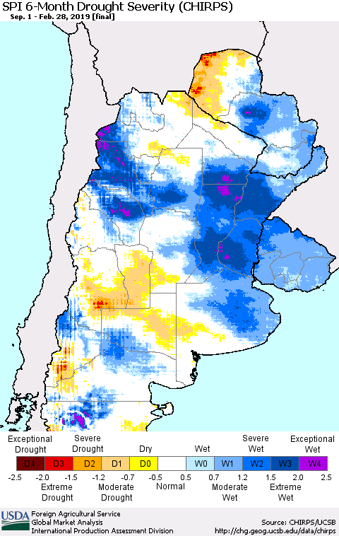 Southern South America SPI 6-Month Drought Severity (CHIRPS) Thematic Map For 9/1/2018 - 2/28/2019