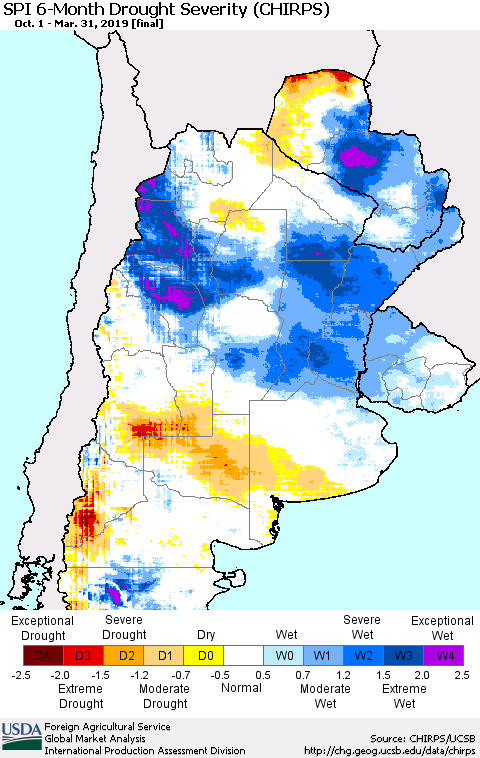Southern South America SPI 6-Month Drought Severity (CHIRPS) Thematic Map For 10/1/2018 - 3/31/2019