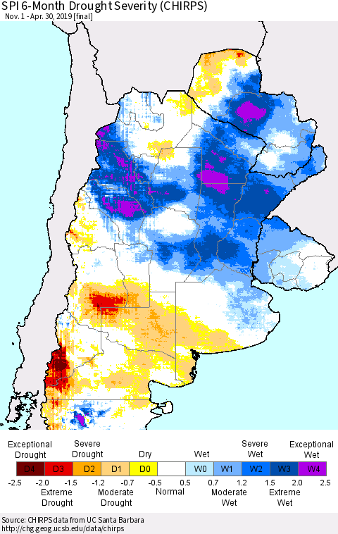 Southern South America SPI 6-Month Drought Severity (CHIRPS) Thematic Map For 11/1/2018 - 4/30/2019