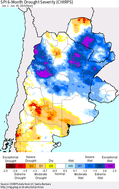 Southern South America SPI 6-Month Drought Severity (CHIRPS) Thematic Map For 1/1/2019 - 6/30/2019