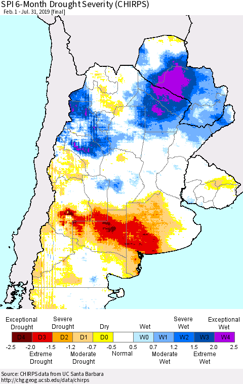 Southern South America SPI 6-Month Drought Severity (CHIRPS) Thematic Map For 2/1/2019 - 7/31/2019