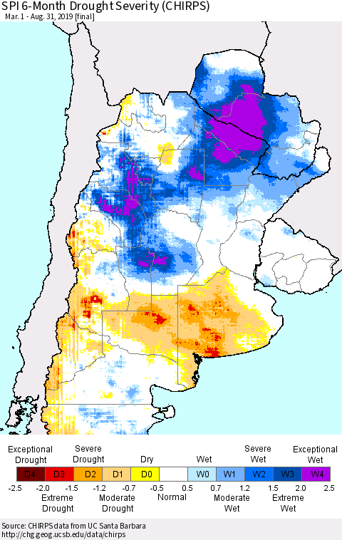 Southern South America SPI 6-Month Drought Severity (CHIRPS) Thematic Map For 3/1/2019 - 8/31/2019