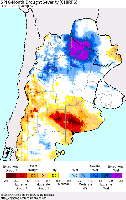 Southern South America SPI 6-Month Drought Severity (CHIRPS) Thematic Map For 4/1/2019 - 9/30/2019