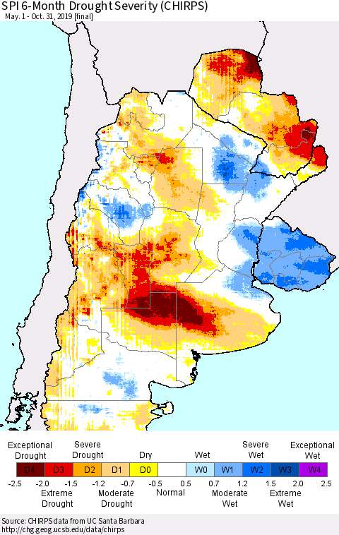 Southern South America SPI 6-Month Drought Severity (CHIRPS) Thematic Map For 5/1/2019 - 10/31/2019
