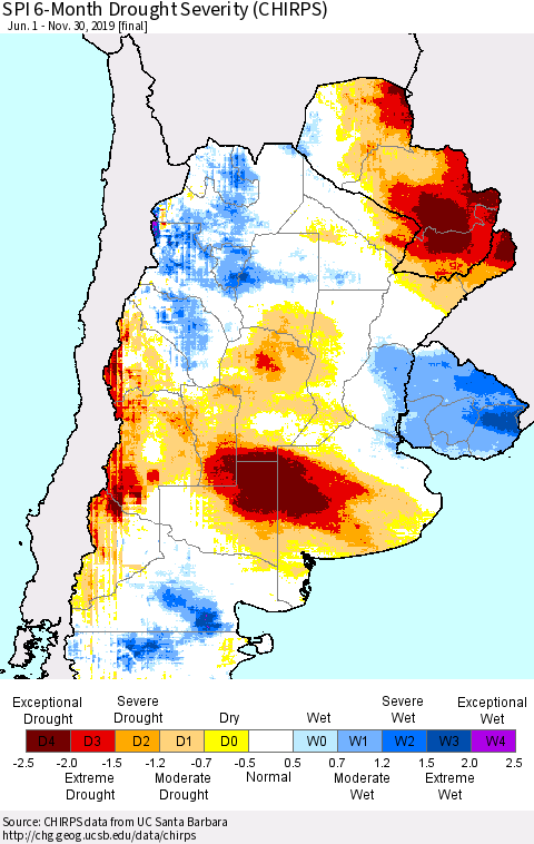 Southern South America SPI 6-Month Drought Severity (CHIRPS) Thematic Map For 6/1/2019 - 11/30/2019