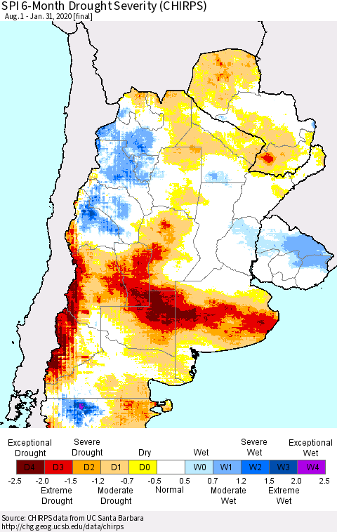 Southern South America SPI 6-Month Drought Severity (CHIRPS) Thematic Map For 8/1/2019 - 1/31/2020