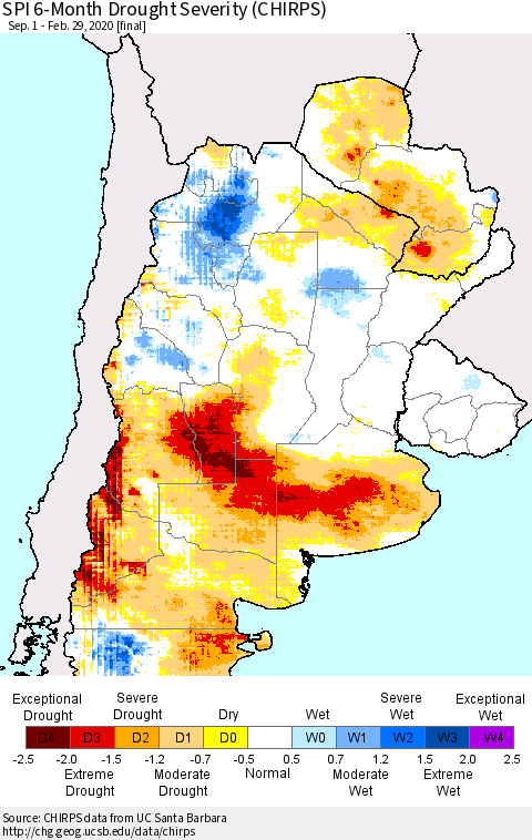 Southern South America SPI 6-Month Drought Severity (CHIRPS) Thematic Map For 9/1/2019 - 2/29/2020