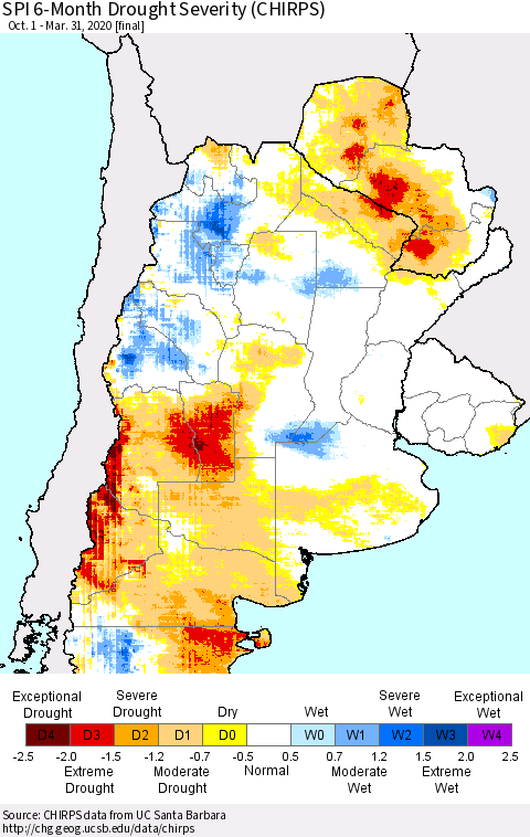 Southern South America SPI 6-Month Drought Severity (CHIRPS) Thematic Map For 10/1/2019 - 3/31/2020