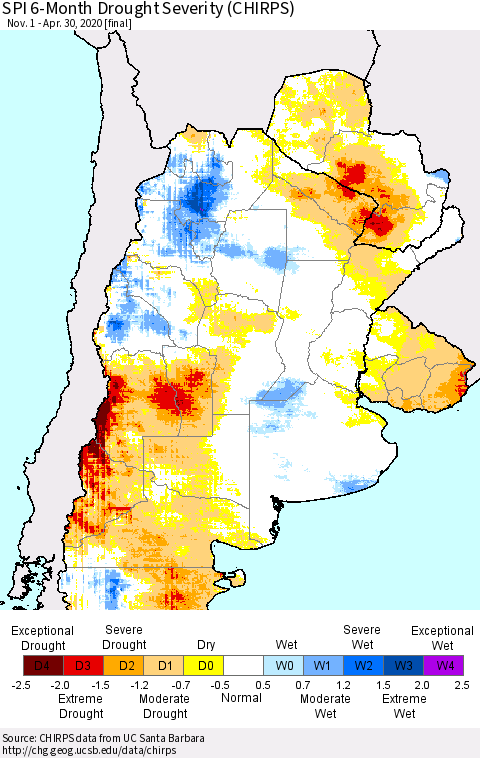 Southern South America SPI 6-Month Drought Severity (CHIRPS) Thematic Map For 11/1/2019 - 4/30/2020