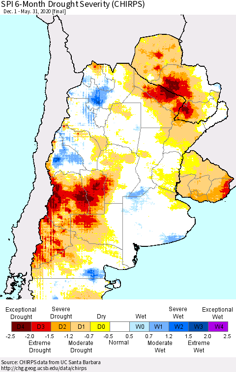 Southern South America SPI 6-Month Drought Severity (CHIRPS) Thematic Map For 12/1/2019 - 5/31/2020