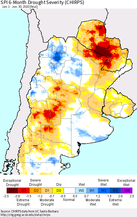 Southern South America SPI 6-Month Drought Severity (CHIRPS) Thematic Map For 1/1/2020 - 6/30/2020