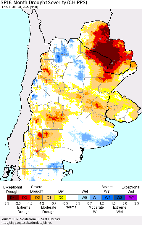Southern South America SPI 6-Month Drought Severity (CHIRPS) Thematic Map For 2/1/2020 - 7/31/2020