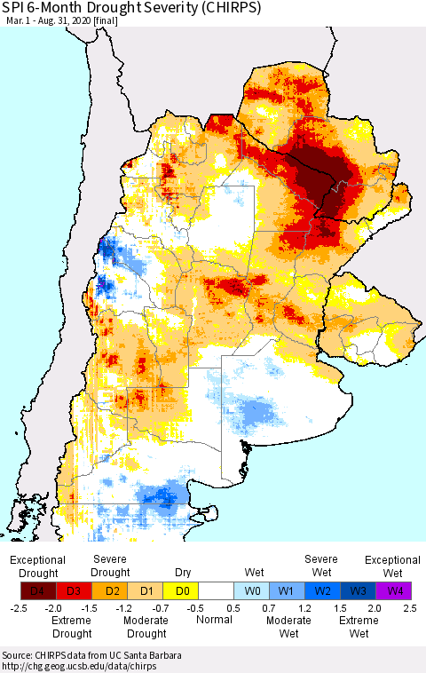 Southern South America SPI 6-Month Drought Severity (CHIRPS) Thematic Map For 3/1/2020 - 8/31/2020