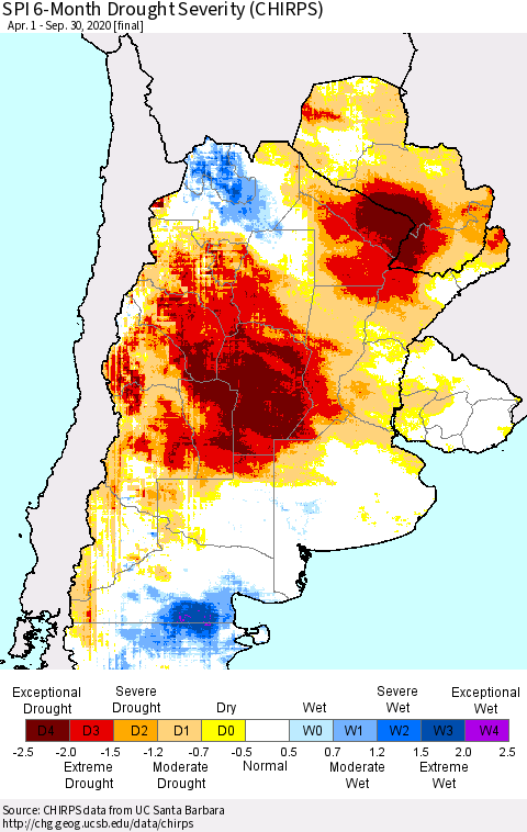 Southern South America SPI 6-Month Drought Severity (CHIRPS) Thematic Map For 4/1/2020 - 9/30/2020