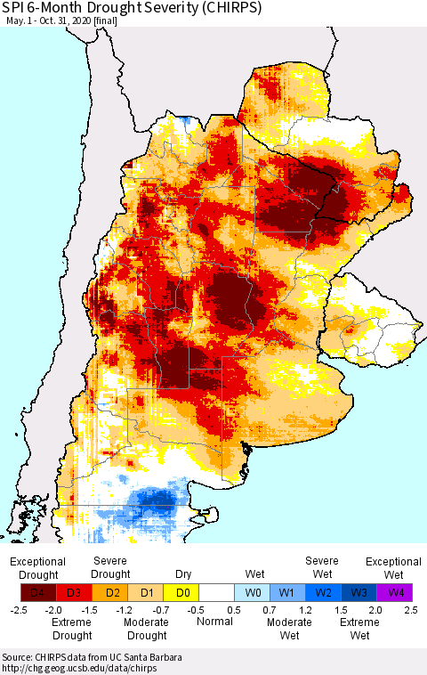 Southern South America SPI 6-Month Drought Severity (CHIRPS) Thematic Map For 5/1/2020 - 10/31/2020