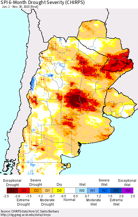 Southern South America SPI 6-Month Drought Severity (CHIRPS) Thematic Map For 6/1/2020 - 11/30/2020