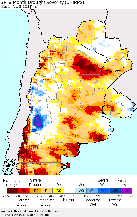 Southern South America SPI 6-Month Drought Severity (CHIRPS) Thematic Map For 9/1/2020 - 2/28/2021