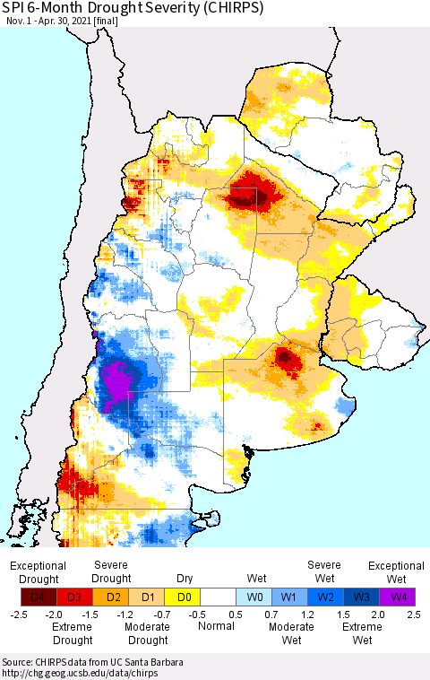 Southern South America SPI 6-Month Drought Severity (CHIRPS) Thematic Map For 11/1/2020 - 4/30/2021