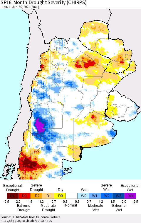 Southern South America SPI 6-Month Drought Severity (CHIRPS) Thematic Map For 1/1/2021 - 6/30/2021