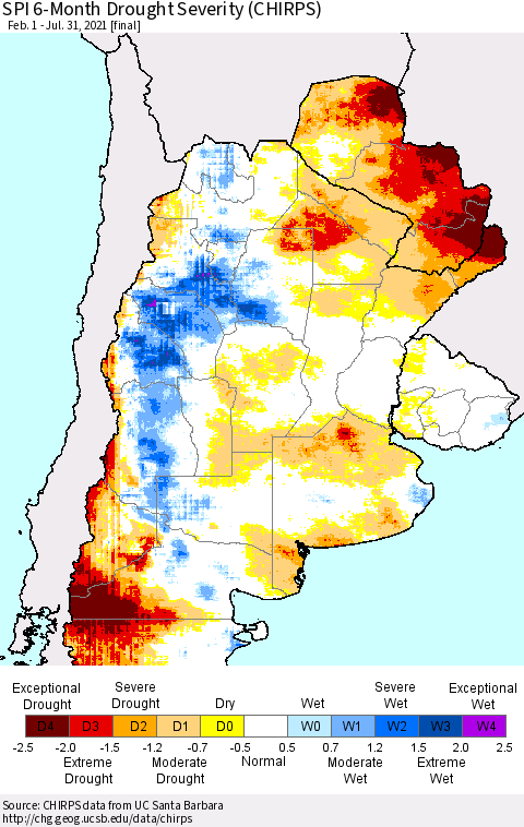 Southern South America SPI 6-Month Drought Severity (CHIRPS) Thematic Map For 2/1/2021 - 7/31/2021