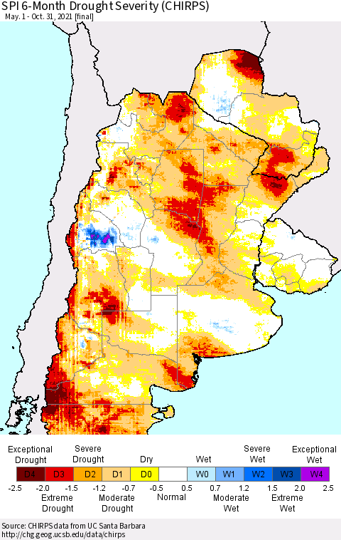Southern South America SPI 6-Month Drought Severity (CHIRPS) Thematic Map For 5/1/2021 - 10/31/2021
