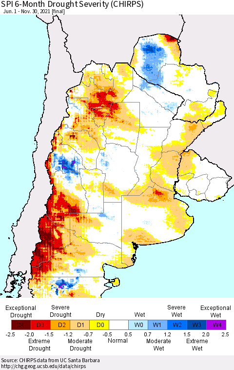 Southern South America SPI 6-Month Drought Severity (CHIRPS) Thematic Map For 6/1/2021 - 11/30/2021