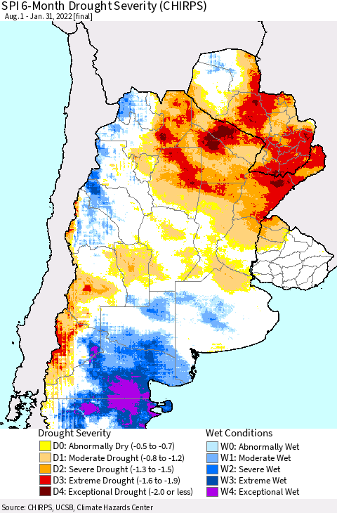 Southern South America SPI 6-Month Drought Severity (CHIRPS) Thematic Map For 8/1/2021 - 1/31/2022