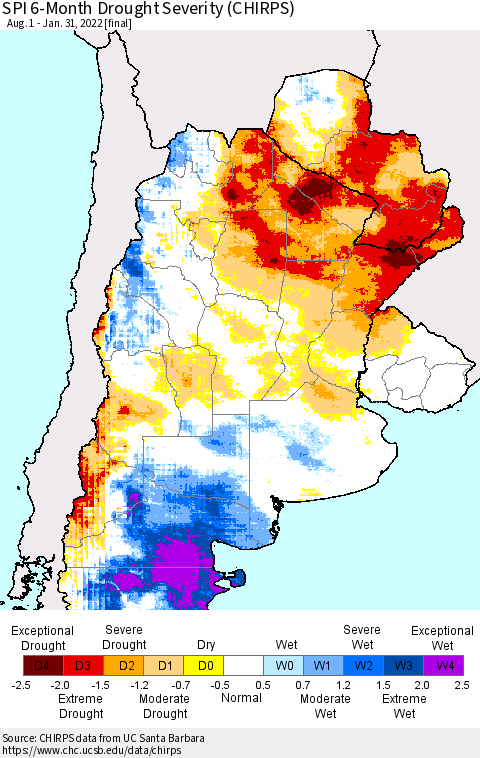 Southern South America SPI 6-Month Drought Severity (CHIRPS) Thematic Map For 8/1/2021 - 1/31/2022