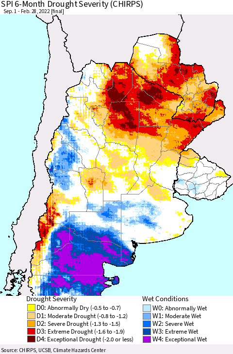 Southern South America SPI 6-Month Drought Severity (CHIRPS) Thematic Map For 9/1/2021 - 2/28/2022