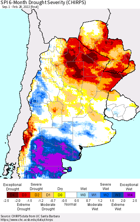 Southern South America SPI 6-Month Drought Severity (CHIRPS) Thematic Map For 9/1/2021 - 2/28/2022