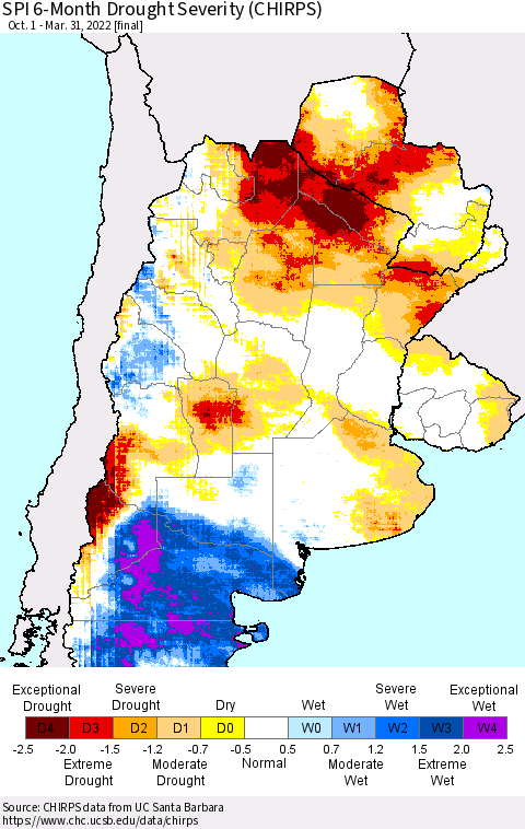 Southern South America SPI 6-Month Drought Severity (CHIRPS) Thematic Map For 10/1/2021 - 3/31/2022