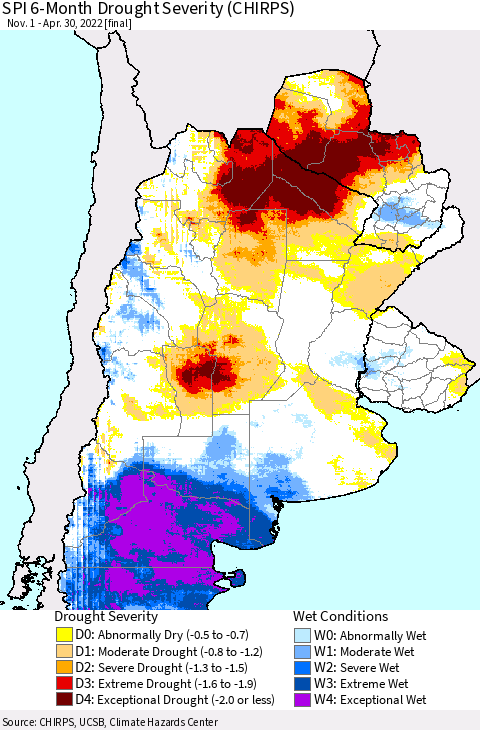 Southern South America SPI 6-Month Drought Severity (CHIRPS) Thematic Map For 11/1/2021 - 4/30/2022