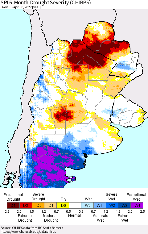 Southern South America SPI 6-Month Drought Severity (CHIRPS) Thematic Map For 11/1/2021 - 4/30/2022
