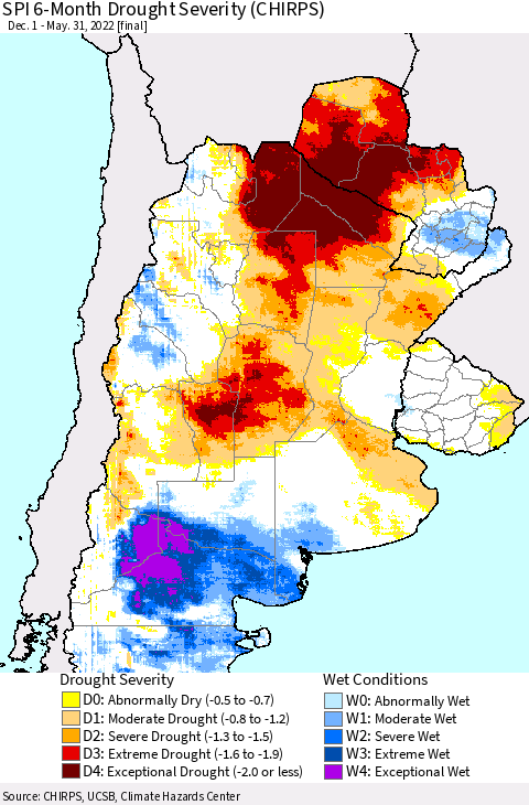 Southern South America SPI 6-Month Drought Severity (CHIRPS) Thematic Map For 12/1/2021 - 5/31/2022